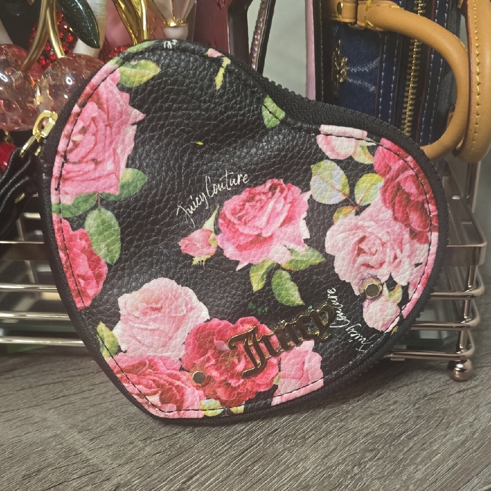 Juicy Couture Heart-Shaped Black and Pink Floral Wristlet